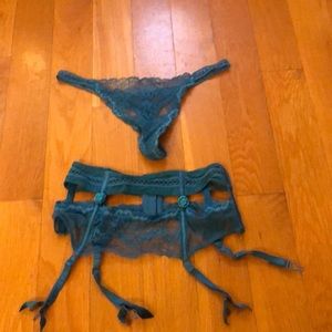 La Perla teal lace thong and garter belt